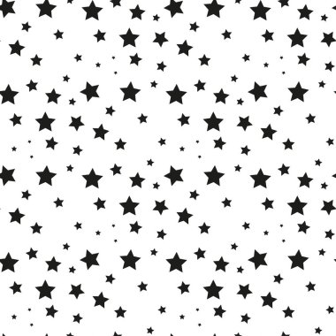 Yıldızsız bir desen. Beyaz arka planda tekrar eden siyah yıldızlar. Tasarım için tekrarlanan basit baskılar. Soyut monokrom kafesi. Örneği tekrarla. Geometrik rastgele doku. Vektör illüstrasyonu