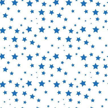 Yıldız deseni. Kusursuz vektör arkaplanı - beyaz zemin üzerinde mavi, gri ve beyaz beş köşeli yıldızlar