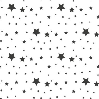 Yıldızsız bir desen. Beyaz arka planda tekrar eden siyah yıldızlar. Tasarım için tekrarlanan basit baskılar. Soyut monokrom kafesi. Örneği tekrarla. Geometrik rastgele doku. Vektör illüstrasyonu