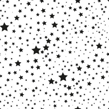 Yıldızlı kusursuz desen. Siyah beyaz desen. Yıldızlı şenlik düzeni. Gece gökyüzü arka planı. Çocuk dokusu. Tekstil, giyim ve ambalaj kağıtları için kreş baskıları.
