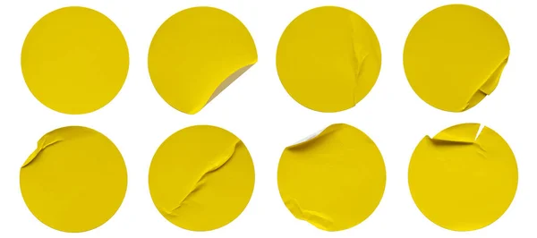 Sada Prázdné Žluté Kulaté Lepicí Papírové Nálepky Izolované Bílém Pozadí — Stock fotografie
