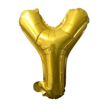 Altın folyo balon alfabesi Y beyaz üzerine izole. Doğum günü tebrik kartı. Yıldönümü kavramı.