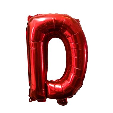 Kırmızı folyo balon alfabesi D beyaz üzerine izole edilmiş. Doğum günü tebrik kartı. Yıldönümü kavramı.