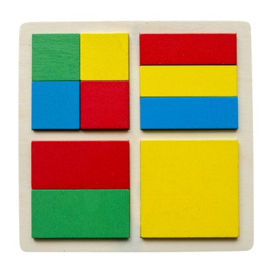 Beyaz arkaplanda izole edilmiş renkli kare ve dikdörtgen yapboz şekli,