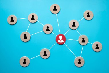 Mavi Arkaplanda Merkez Lider ve Bağlı Takım Üyeleriyle İş Ağı Kavramı