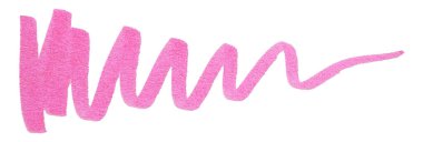 Beyaz arka planda izole edilmiş pembe işaret dokusu. El çizimi fırça karalaması kağıt üzerine parlak pembe fosforlu kalem.