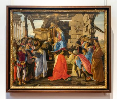 Magi 'ye Tapma, Sandro Botticelli' nin tablosu, Uffizi Galerisi, Floransa, İtalya. Tabloda Medici ailesinin çeşitli üyeleri bulunmaktadır: Cosimo de 'Medici, oğulları Piero ve Giovanni ve yeğenleri Giuliano ve Lorenzo..