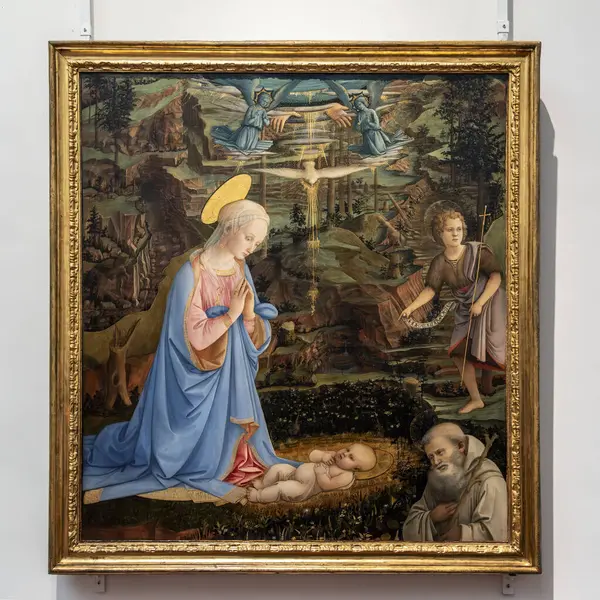 イエスの誕生 聖霊は小さなイエスと聖母マリアに降臨する フィリッポ リッピによる絵画 フィレンツェのウフィツィ美術館 イタリア — ストック写真