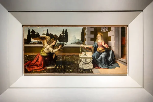 Annunciation Painting Leonardo Vinci Uffizi Gallery Florence Italy — Stock Photo, Image