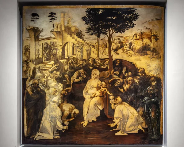 Adoracja Magów Obraz Leonarda Vinci Galerii Uffizi Florencja Włochy — Zdjęcie stockowe