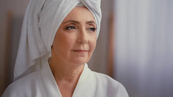 Close Female Portrait 50S Middle Aged Lady Towel Head Bathroom — Stock Photo, Image