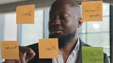 Kıdemli Afro-Amerikan erkek uzman işadamı ofis şirketindeki çıkartmalarla cam duvarın yanında duruyor. Kuruluş projesi düzenleme sürecini yönetiyorlar. İş planının yapışkan notları okuduğunu sanıyorlar.