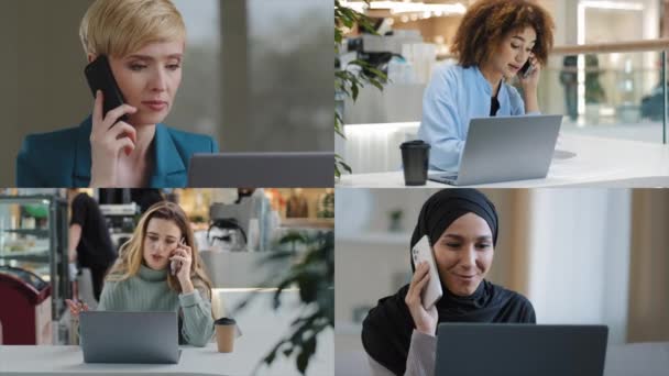 多様なビジネスの人々のコラージュ同僚の女性は 仮想チャットトークの携帯電話でコンピュータの女性グループ会議でのフリーランスの仕事ウェブカメラ技術通信マルチスクリーンモンタージュを見る — ストック動画