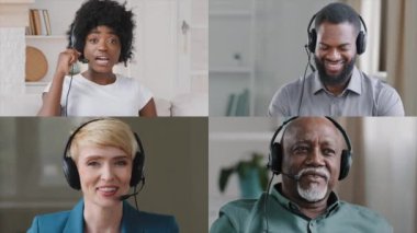 Çok ırklı iş grubu Afrikalı beyaz erkek ve kadın meslektaşları bölünmüş ekran çevrimiçi video konferansında çeşitli kulaklıklar takan insanlar web kameralı ofis çalışanlarına bakın kolaj portresi