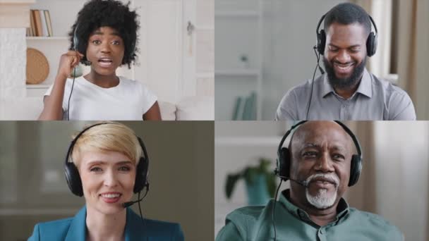 多人種間のビジネスグループアフリカの白人男性と女性の同僚会議分割画面上のオンラインビデオ通話ヘッドフォンで多様な人々のチームは Webカメラオフィスの労働者のコラージュ肖像画を見て呼び出します — ストック動画