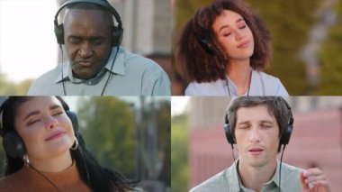 Bölünmüş ekran montaj çeşitliliği video çok ırklı dört kişi İspanyol kadın Afrikalı orta yaşlı erkek etnik kadın beyaz erkek erkek erkek şehir dışında müzik kulaklığı ile müzik dinliyor