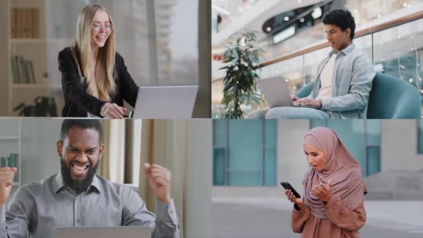 Rozdělit Obrazovka Montáž Video Variace Multiraciální Lidé Kavkazský Podnikateležena Kanceláři — Stock video