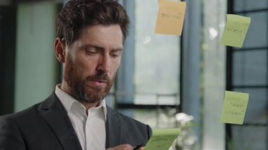 İşletme stratejisi yönetimi, yaratıcı orta yaşlı iş adamı CEO 'su pazarlama uzmanı fikirlerle meşgul olan 40' lı yaşlardaki adam ofisteki şeffaf cam duvara yapışkan notlar yazıyor.