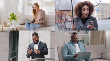 Evde dizüstü bilgisayarı olan beyaz bir kadın şehirde şemsiyeli Afrikalı bir kız akıllı telefon sakallı Amerikalı iş adamı ve bilgisayarlı orta yaşlı bir adam zaferini kutluyor.