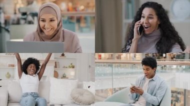 Bölünmüş ekran varyasyonu çeşitli çok ırklı insanlar Afrikalı Kafkas Müslüman kadın ve erkek dünyanın farklı kesimlerinde zafer kazandı.