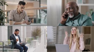Bölünmüş ekran çeşitliliği farklı insanlar telefonlu yaşlı, olgun Afrikalı bir adam konuşan akıllı telefon etnik işadamı ve ofiste laptoplu beyaz bir kadın zaferi kutluyor