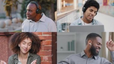 Çoklu ekran çeşitlemesi farklı dört kişi, şehirdeki Afrikalı yetişkin orta yaşlı adam sakallı işadamı, ofis çalışanı, açık hava öğrencisi, kablosuz kulaklıkla müzik dinleyen çocuk, dans ediyor.