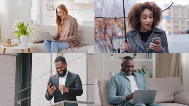 自宅でラップトップを持つ白人女性アフリカの女の子で傘市でスマートフォンを持つアメリカのビジネスマンとともに電話中年男性とコンピュータの勝利を祝う分割画面を達成 — ストック動画