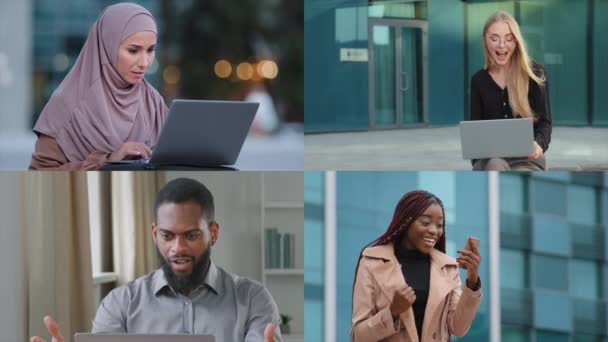Split Οθόνη Ψηφιδωτό Ποικιλία Διαφορετικούς Ανθρώπους Μουσουλμάνα Γυναίκα Μαντίλα Στην — Αρχείο Βίντεο