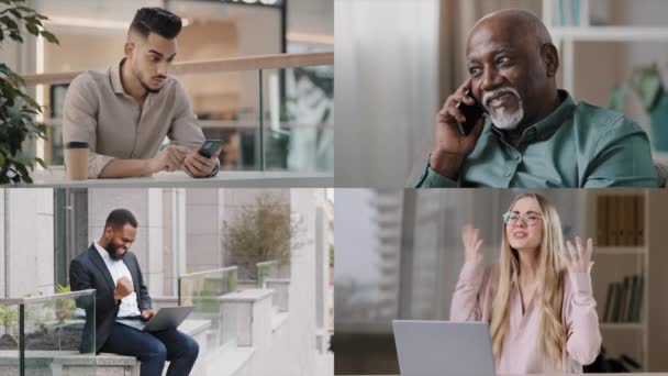 Разнообразие Экранов Разнообразие Людей Латиноамериканский Бизнесмен Телефоном Старый Зрелый Африканский — стоковое видео