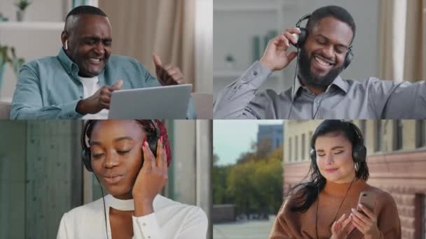 アフリカ中年男屋内でホームアメリカの大人ビジネスマンでオフィスエスニック女性で都市コーカサスヒスパニック系の女の子とともに電話屋外リスニング音楽とともにヘッドフォンダンス分割画面 — ストック動画