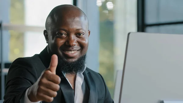 African Adult Businessman Happy Size Guy Satisfied Computer App Typing — Stockfoto