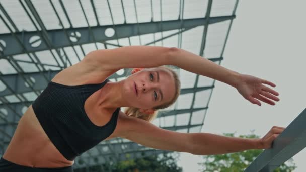 Active Motivated Fitness Woman Skinny Caucasian Girl Doing Sport Stadium — Stock Video
