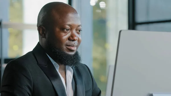 African Adult Businessman Happy Size Guy Satisfied Computer App Typing — Stock fotografie