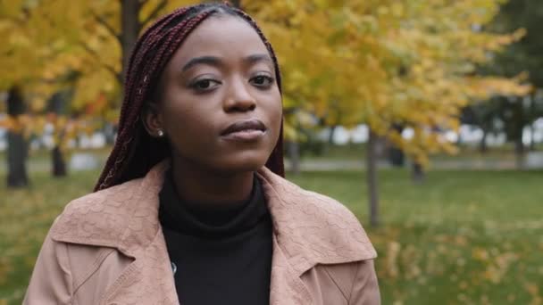 Gyönyörű Vonzó Csinos Afro Amerikai Mosolyog Fehér Fogas Mosoly Áll — Stock videók