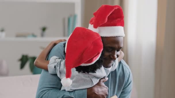 Close Happy Father Hugging Cuddling Child Holding New Year Box — Stock Video