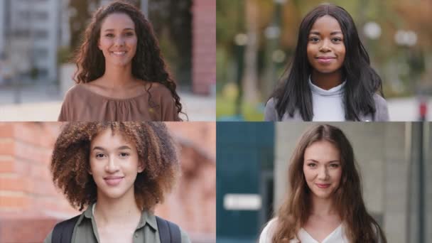 Split Skærm Collage Forskelligartede Multietniske Unge Glade Kvinder Ser Kamera – Stock-video