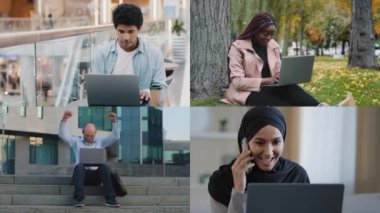 Çoklu ekran çeşitlemesi farklı dört kişiden oluşuyor. Afrikalı erkek kapalı mekanda Amerikalı kadın, parkta yaşlı işadamı, Müslüman kadın telefonda konuşuyor. Laptop zaferini kutlayarak kazandı.