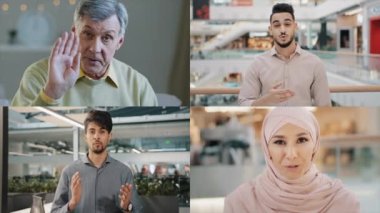 Çevrimiçi video çağrısı çok ırklı grup iş ortakları Arap kadın ve erkek iş arkadaşları uzak konuşmalar web kamera modern montaj teknoloji bölünmüş ekran takım bağlantısı sanal konferans sohbet