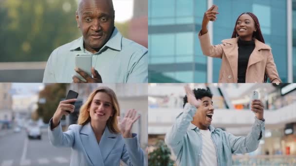 Collage Cuatro Personas Étnicas Milenarias Felices Mujeres Hombres Distancia Amigos — Vídeo de stock