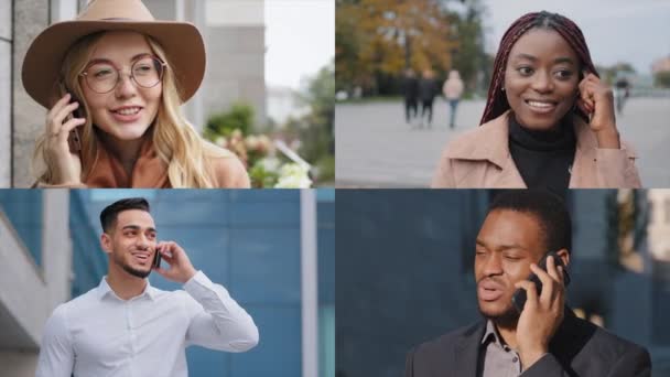 Diszkrét Képernyős Felvétel Felnőtt Többnemzetiségű Férfiakról Nőkről Üzletemberek Beszélgetnek Mobilon — Stock videók
