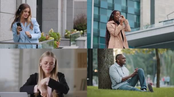 Split Screen Montage Variation Diverse Four People Caucasian Woman Balcony — Stock Video