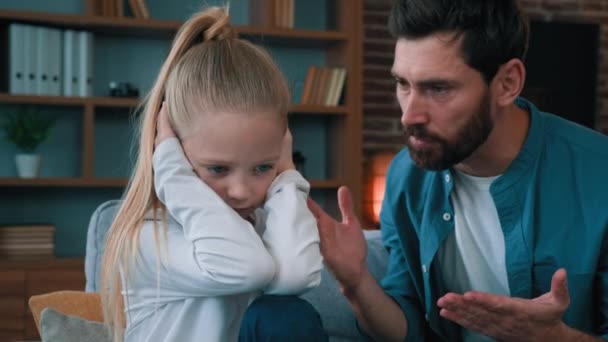 Sad Offended Little Child Daughter Feel Stress Cover Ears Ignoring — Stock Video