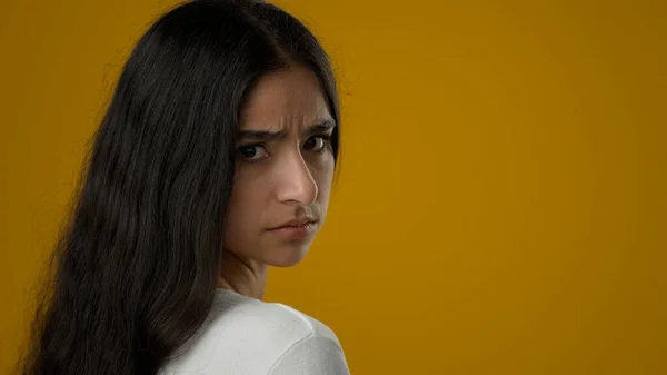 Portrait Yellow Studio Sad Upset Stressed Indian Ethnic Woman Suffer — Stock Photo, Image