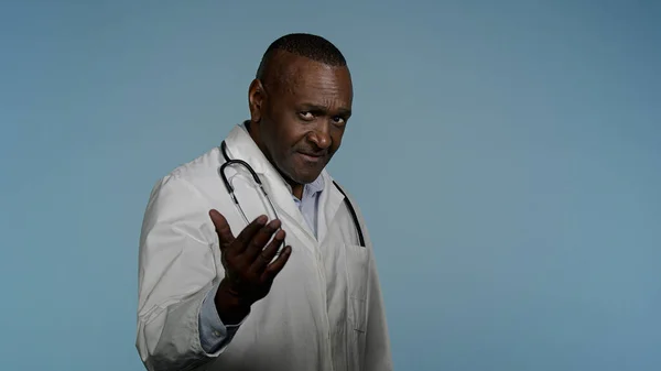 African American Man Medical Gown Walking Gray Background Studio Male — Stock Photo, Image