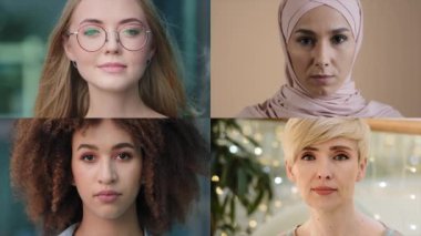 Yakın plan kadın portreleri farklı ekran kolajı ciddi şekilde kendine güvenen güzel, farklı genç kadınlara bakan çok ırklı kız iş kadınlarına farklı yaşlarda feminizm ve eşitlik konsepti oluşturan iş kadınları.