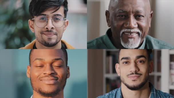 Split Screen Collage Headshot Zróżnicowany Szczęśliwy Mężczyźni Uśmiechający Się Biały — Wideo stockowe
