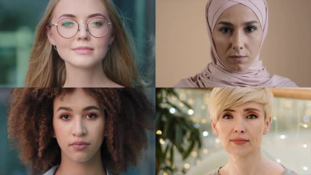 Yakın Plan Kadın Portreleri Farklı Ekran Kolajı Ciddi Şekilde Kendine — Stok video