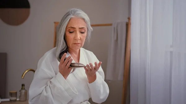 Caucasian Old Sad Senior Mature Woman Lady Grandmother Model Bathrobe — Stock Photo, Image