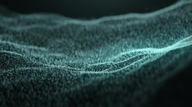Canlandırılmış 3D akış mavi parçacıklar neon renkli ışıklar mikro noktalar soyut okyanus dalgaları, dokulu yüzey. Sinematik başlıklar için fütüristik grafik hareket tasarımı reklamlar arka plan canlandırması