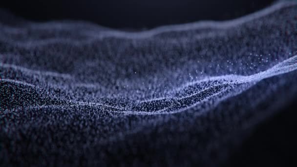 暗い空間の背景にマイクロダストを点滅フロー青い色の粒子を移動し デジタルアニメーション抽象的なテクスチャ輝く結晶 映画タイトルの動的サウンドのための未来的な3D光の動きのデザイン — ストック動画